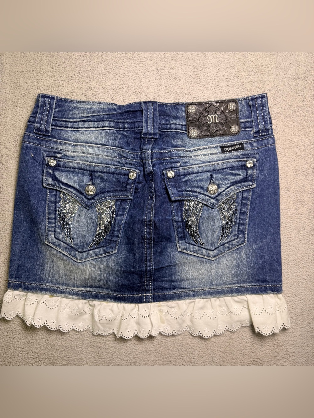 Miss Me Denim Skirt Women’s 27 Angel Wings Sequin Flap Pockets White Lace Trim